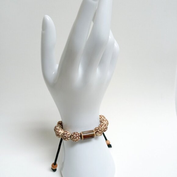 Amber 11mm Round Acrylic Beads and Brown 15 mm Cylindrical Ceramic Bead Bracelet - Picture 4 of 6